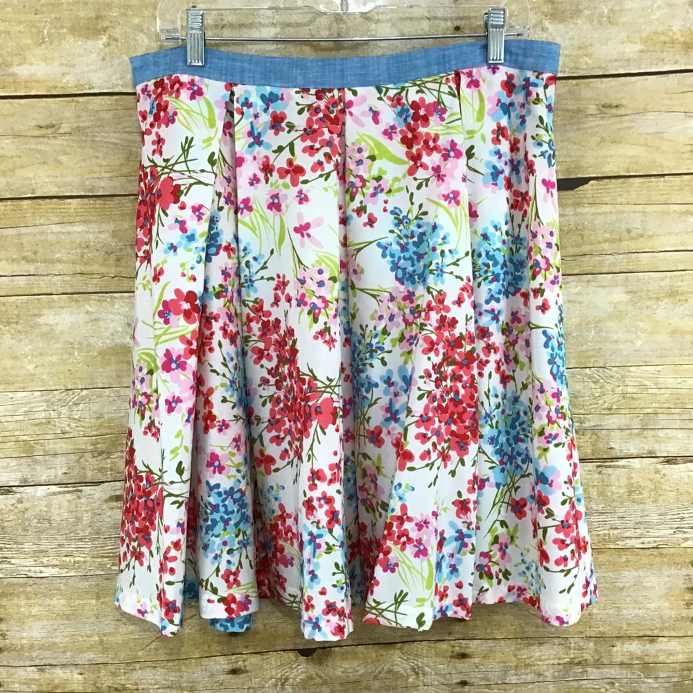 Eva Franco Womens Floral Pleated A-Line Skirt White Red Blue Size 10 Made in USA